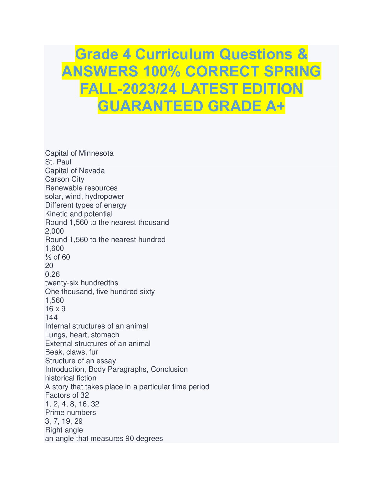 Preview image for Grade 4 Curriculum Questions & ANSWERS 100% CORRECT SPRING FALL-2023/24 LATEST EDITION GUARANTEED GRADE A+